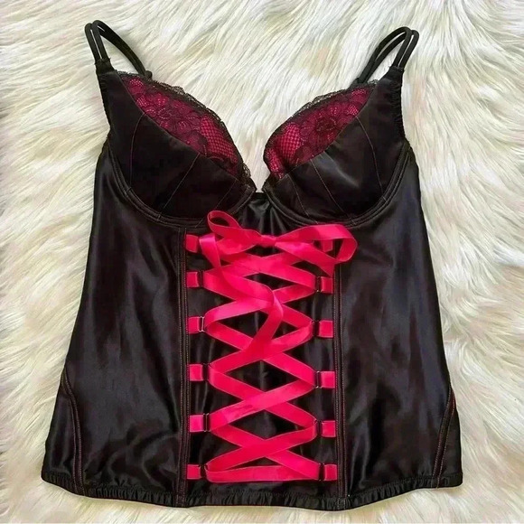 Cacique Corset Top Black Satin Neon Pink with Front Ribbon 14/16 - Picture 1 of 9